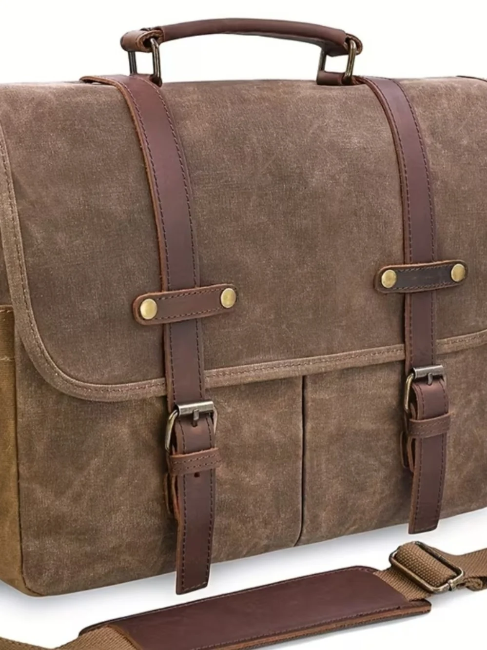 Mens Coffee Brown Vintage Messenger Bag 15.6 Inch Vintage Waxed Canvas Briefcase